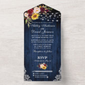 Rustic Wedding Mixed Floral Blue Wood Lights All In One Uitnodiging (Binnen)