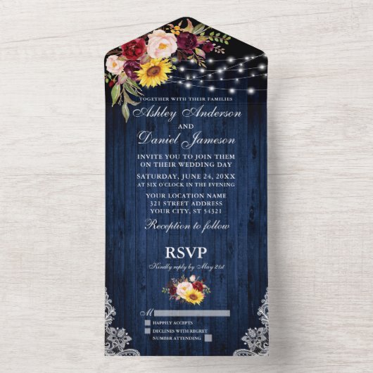 Rustic Wedding Mixed Floral Blue Wood Lights All In One Uitnodiging (Binnen)