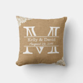 Rustic Wedding Monogram Faux Burlap & Lace Kussen (Voorkant)