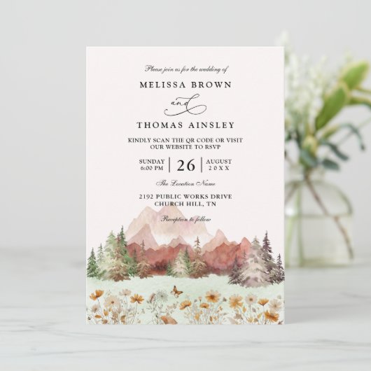 Rustic Wedding Mountain Wildflower QR Code Wedding Kaart (Staand voorkant)