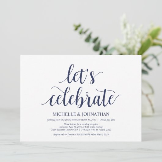 Rustic Wedding Navy Blue Elopement Reception Kaart (Staand voorkant)