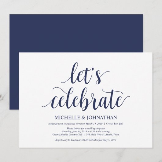 Rustic Wedding Navy Blue Elopement Reception Kaart (Voorkant / Achterkant)