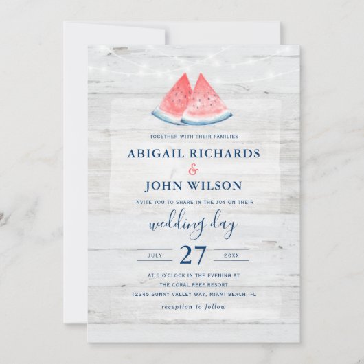 Rustic Wedding Navy Coral Waterverf Watermelon Kaart (Voorkant)