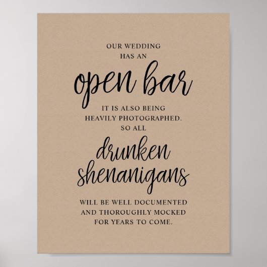 Rustic Wedding Open Bar, Drunken Shenanigans Poster (Voorkant)