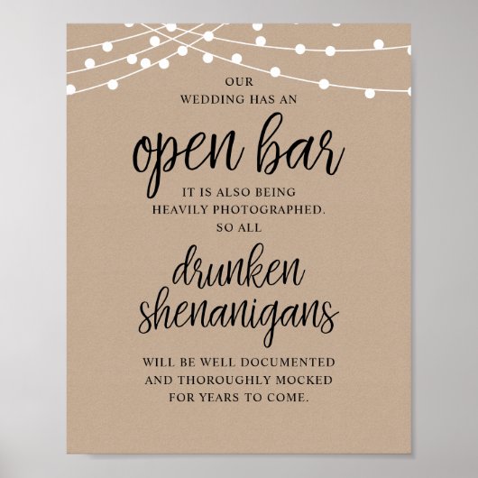 Rustic Wedding Open Bar, Drunken Shenanigans Poster (Voorkant)