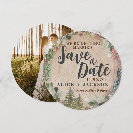Rustic Wedding Photo Wood Grain Save the Date Kaart (Voorkant / Achterkant)