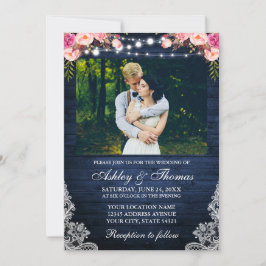 Rustic Wedding Pink Floral Blue Wood Licht Foto Kaart