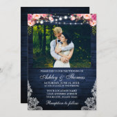 Rustic Wedding Pink Floral Blue Wood Licht Foto Kaart (Voorkant / Achterkant)