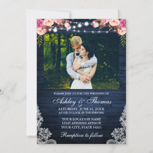 Rustic Wedding Pink Floral Blue Wood Licht Foto Kaart