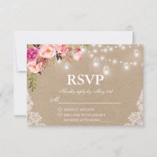 Rustic Wedding Pink Floral Lights Jars Kraft RSVP Kaartje