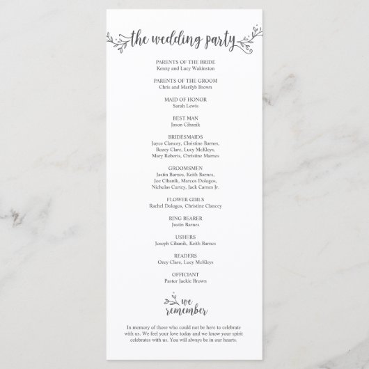 Rustic Wedding programma kaart in kalligrafie ontw (Achterkant)