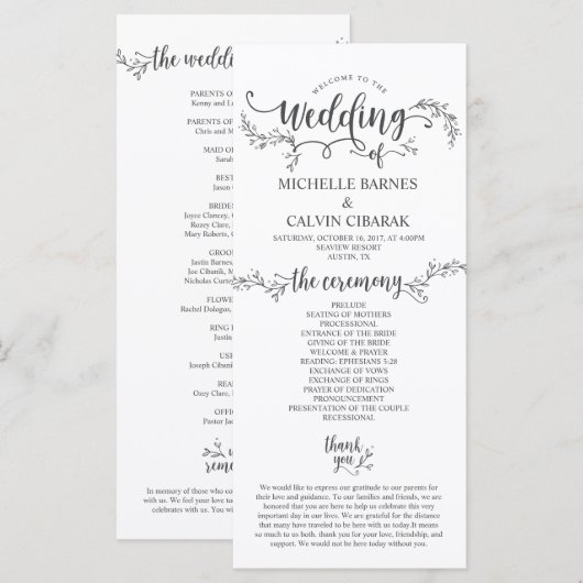 Rustic Wedding programma kaart in kalligrafie ontw (Voorkant / Achterkant)