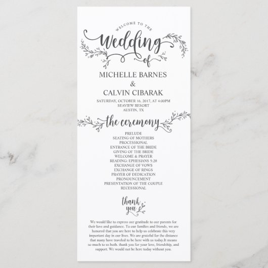 Rustic Wedding programma kaart in kalligrafie ontw (Voorkant)