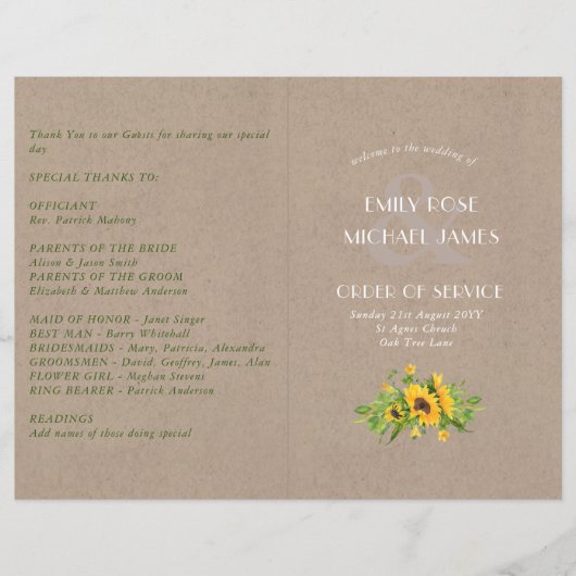 Rustic Wedding Programme SUNFLOWERS Kraft Kijk (Voorkant)
