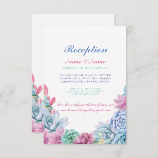Rustic Wedding Reception Cards Pastels Succulents Informatiekaartje (Voorkant / Achterkant)