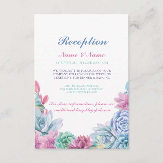 Rustic Wedding Reception Cards Pastels Succulents Informatiekaartje (Voorkant)