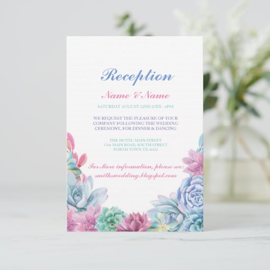 Rustic Wedding Reception Cards Pastels Succulents Informatiekaartje (Staand voorkant)