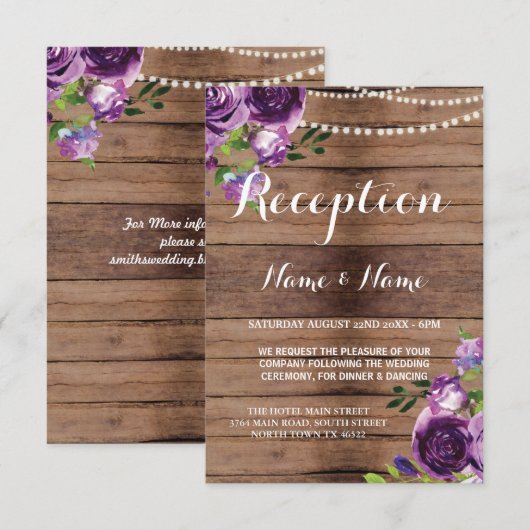 Rustic Wedding Reception Kaarten Paarse houten blo (Voorkant / Achterkant)