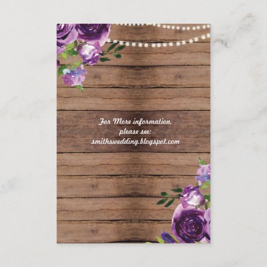 Rustic Wedding Reception Kaarten Paarse houten blo (Achterkant)