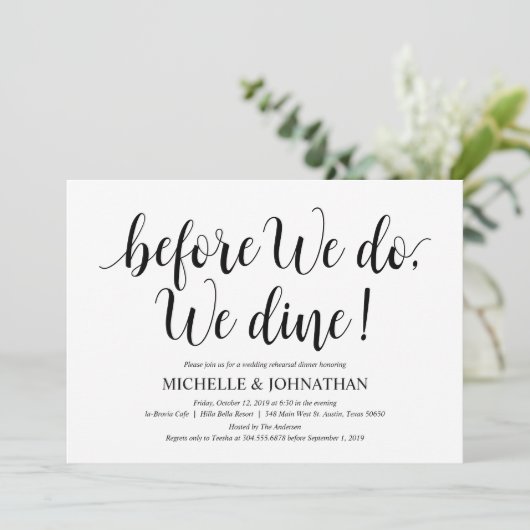 Rustic Wedding Rehearsal Dinner, Black and White Kaart (Staand voorkant)