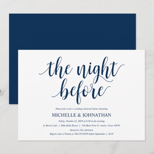 Rustic Wedding Rehearsal Dinner, Navy Blue Kaart (Voorkant / Achterkant)