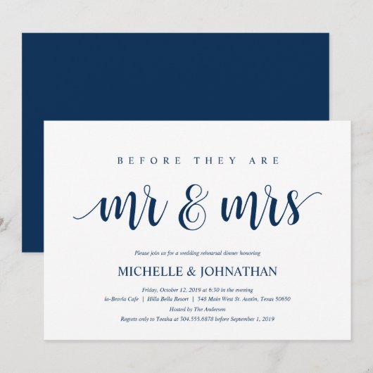 Rustic Wedding Rehearsal Dinner, Navy Blue Kaart (Voorkant / Achterkant)
