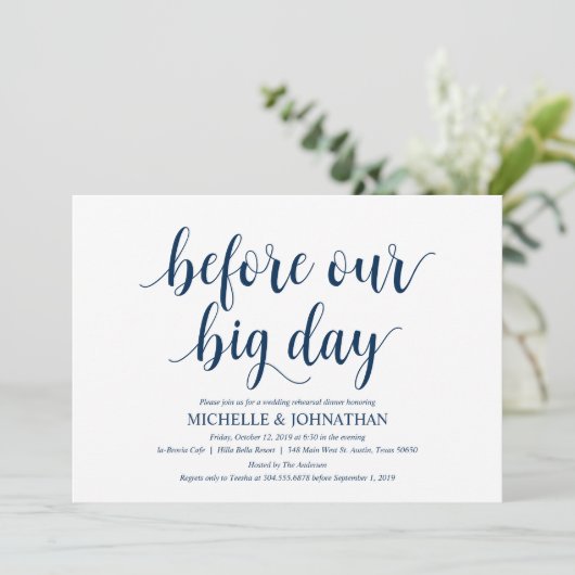 Rustic Wedding Rehearsal Dinner, Navy Blue Kaart (Staand voorkant)