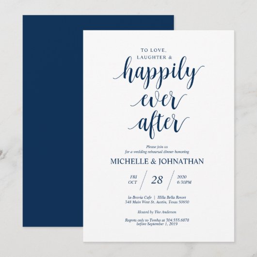 Rustic Wedding Rehearsal Dinner, Navy Blue Kaart (Voorkant / Achterkant)