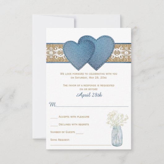 Rustic Wedding RSVP Kaart | Denim, Lace, Burlap (Voorkant)