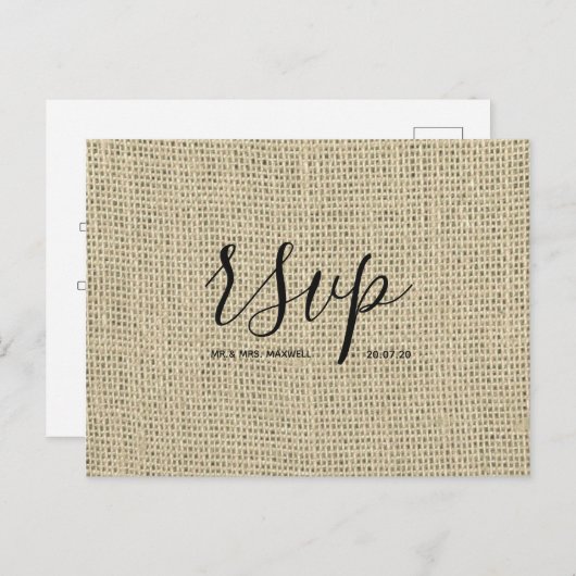 Rustic Wedding Rsvp-kaart | Hessian Burlap Script Uitnodiging Briefkaart (Voorkant / Achterkant)