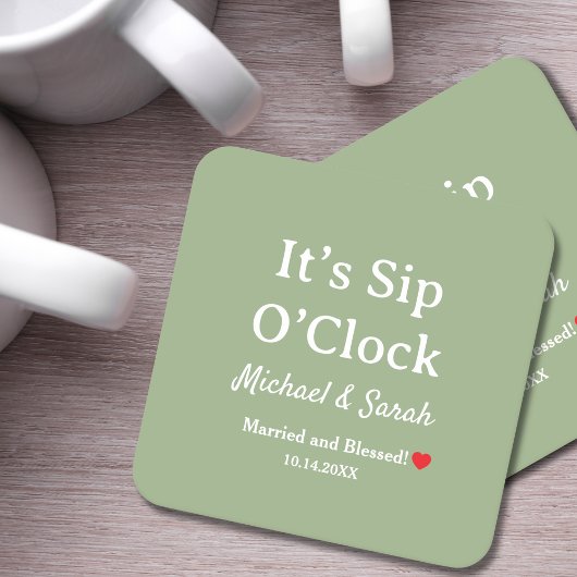 Rustic Wedding Sage Green It’s Sip O’Clock Custom Kartonnen Onderzetters