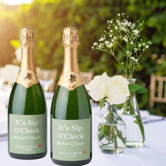 Rustic Wedding Sage Green It’s Sip O’Clock Custom Sparkling Wijnetiket