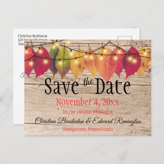 Rustic Wedding Save the Date Autumn Leaves Aankondigingskaart (Voorkant / Achterkant)
