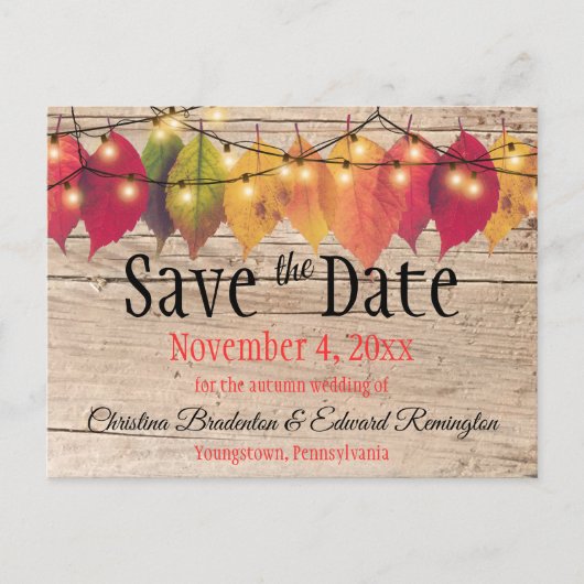 Rustic Wedding Save the Date Autumn Leaves Aankondigingskaart (Voorkant)