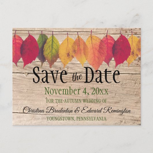 Rustic Wedding Save the Date Autumn Leaves Aankondigingskaart (Voorkant)