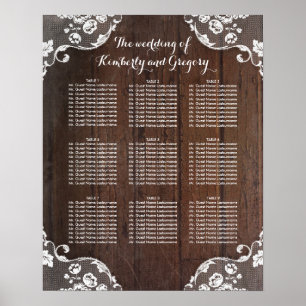 Rustic Wedding Seating Chart Wood and Lace Poster