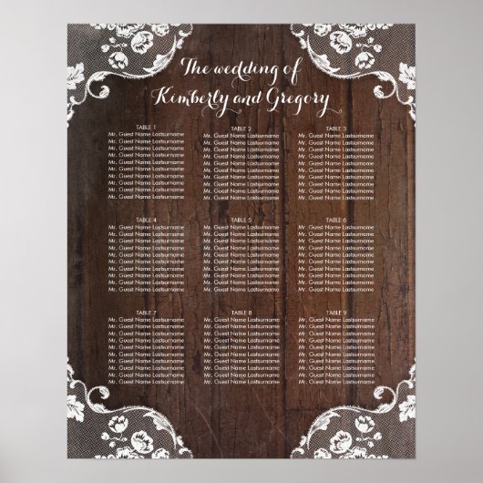 Rustic Wedding Seating Chart Wood and Lace Poster (Voorkant)