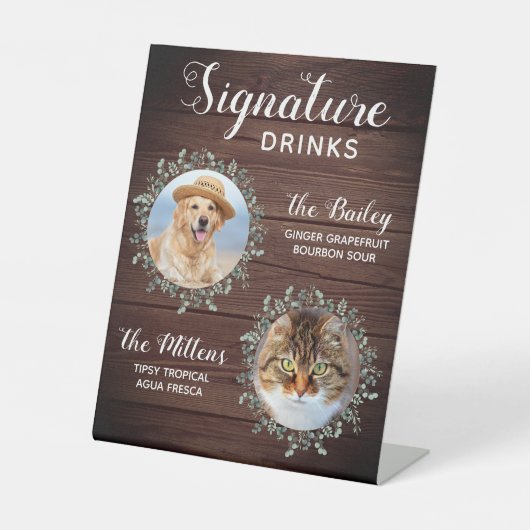 Rustic Wedding Signature Drink Pet Photo Dog Bar Reclamebord Met Voetstuk (Voorkant)
