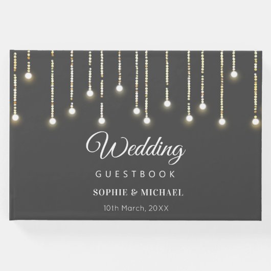 Rustic Wedding String Lights Black White Gastenboek (Voorkant)
