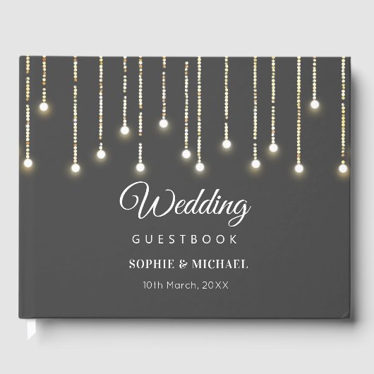 Rustic Wedding String Lights Black White Gastenboek (Voorkant)