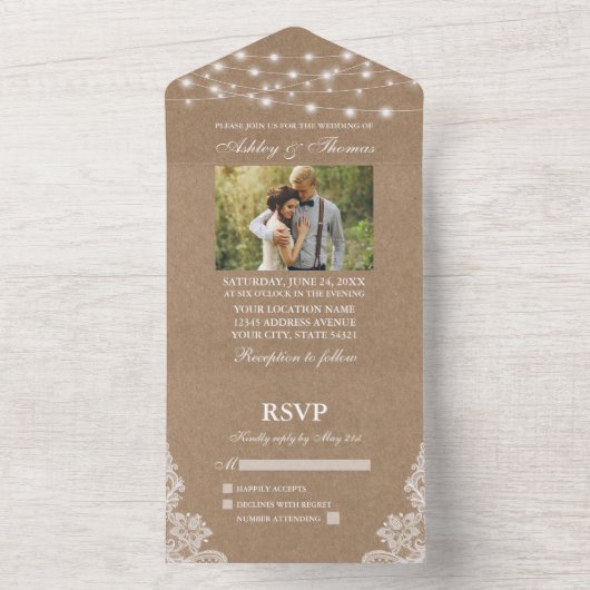 Rustic Wedding String Lights Lace Kraft Foto All In One Uitnodiging (Binnen)