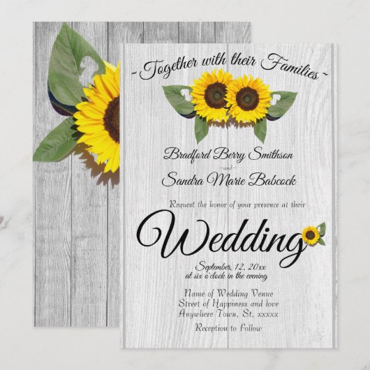 Rustic Wedding Sunflower Barn Wood Gray Invitatio Kaart (Voorkant / Achterkant)