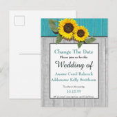 Rustic Wedding Sunflower Blauwgroen Gray Wood Chic Aankondigingskaart (Voorkant / Achterkant)