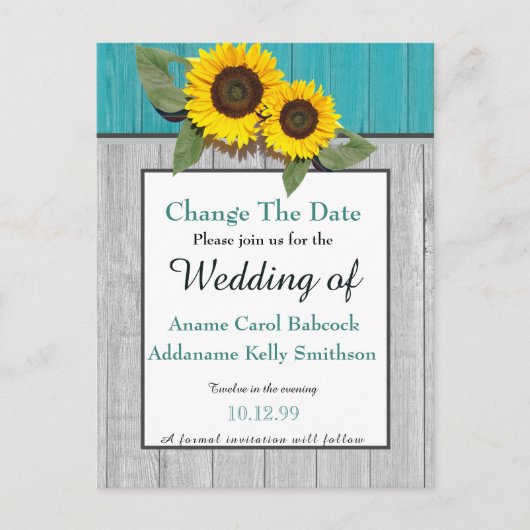Rustic Wedding Sunflower Blauwgroen Gray Wood Chic Aankondigingskaart (Voorkant)