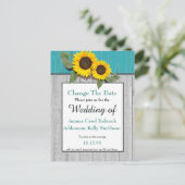 Rustic Wedding Sunflower Blauwgroen Gray Wood Chic Aankondigingskaart (Staand voorkant)