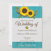 Rustic Wedding Sunflower Blauwgroen Gray Wood Chic Save The Date (Voorkant)