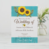 Rustic Wedding Sunflower Blauwgroen Gray Wood Chic Save The Date (Staand voorkant)