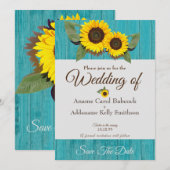 Rustic Wedding Sunflower Blauwgroen Gray Wood Chic Save The Date (Voorkant / Achterkant)
