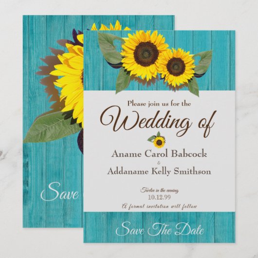 Rustic Wedding Sunflower Blauwgroen Gray Wood Chic Save The Date (Voorkant / Achterkant)