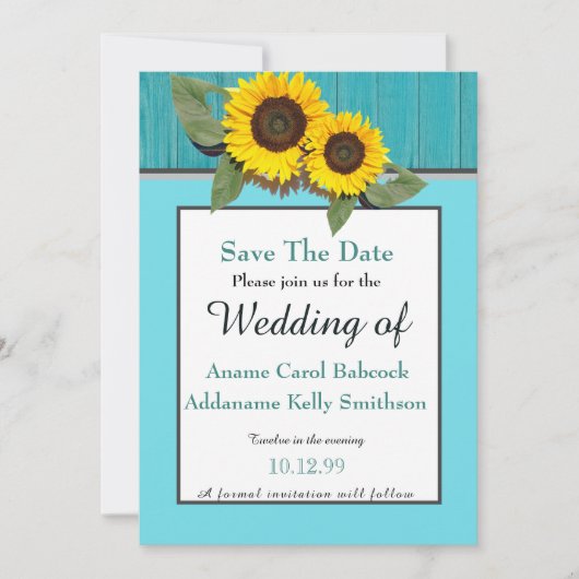 Rustic Wedding Sunflower Blauwgroen Gray Wood Chic Save The Date (Voorkant)
